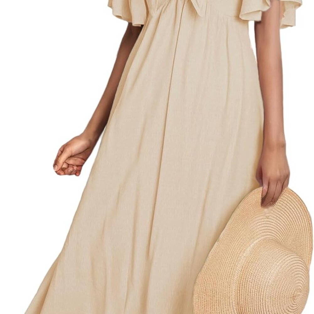 Casual Womens Flowly A-Line V-Neck Smocked Midi Dress Short Sleeve